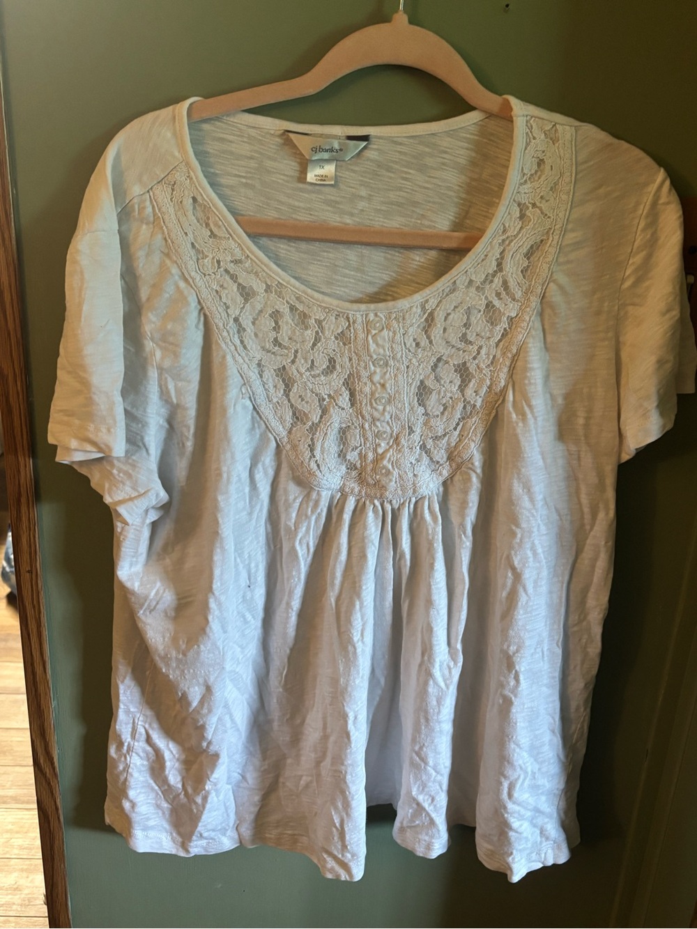 CJ Banks White Lace Yoke Scoop Neck Top